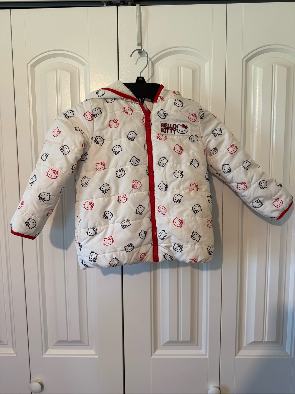 Hello Kitty White Hooded Puffer Jacket with Red Trim